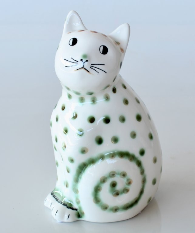 Green & White Spotted Ceramic Cat Curly Tail